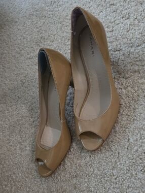 T Tahari Nude Patent Peep-Toe Heels